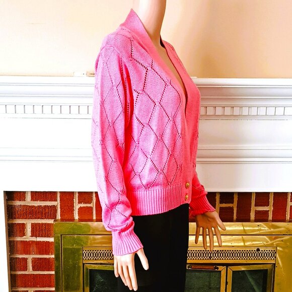 Fia Italia Hand Loomed Cardigan Sweater M Pink Argyle Pattern. Button Bottom - Picture 3 of 8